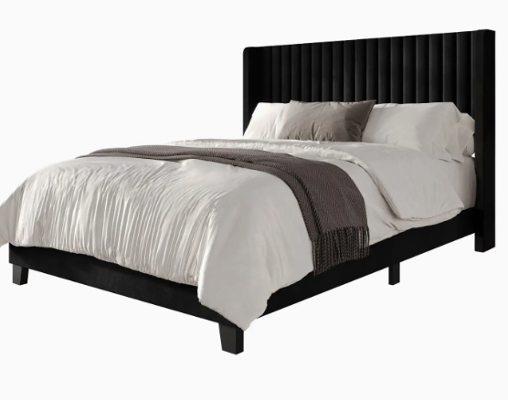 Ashland Black Velvet Upholstered Panel Bed Frame with Wingback Headboard, Easy Assembly