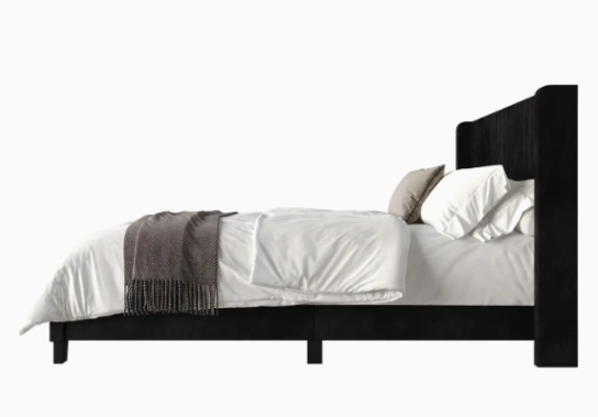 Ashland Black Velvet Upholstered Panel Bed Frame with Wingback Headboard, Easy Assembly