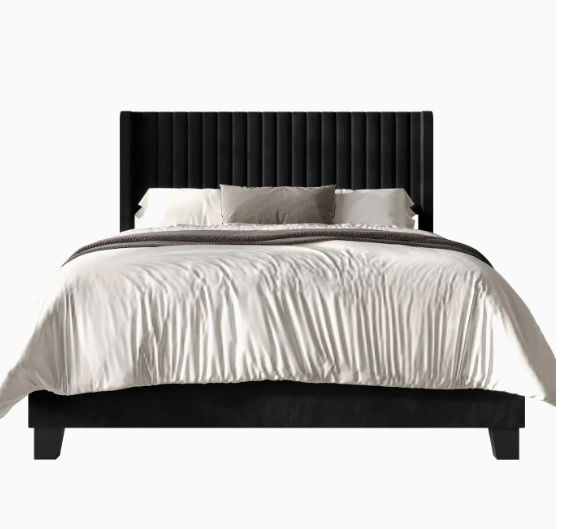 Ashland Black Velvet Upholstered Panel Bed Frame with Wingback Headboard, Easy Assembly