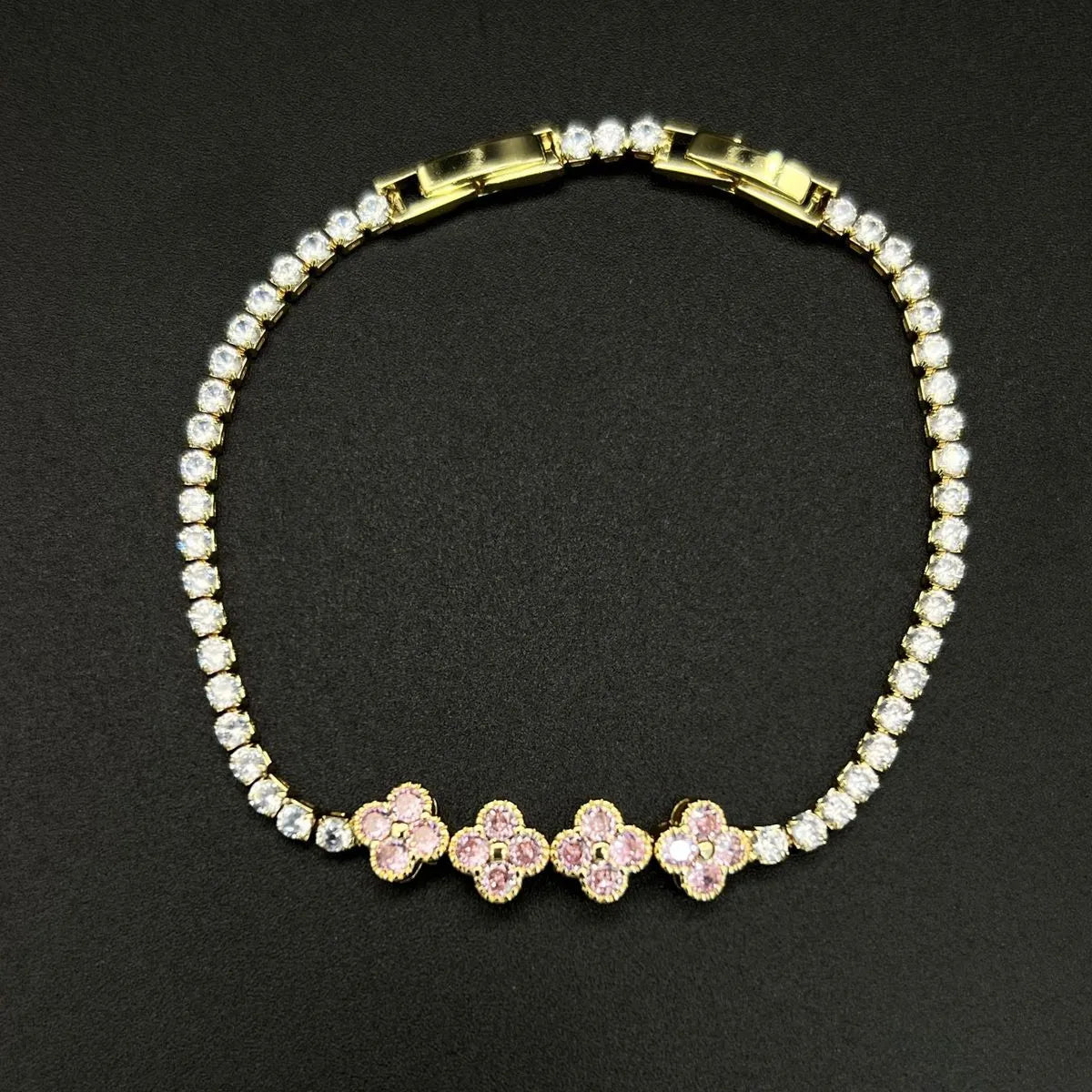 Pink 4 Flower Gold Diamond Bracelet