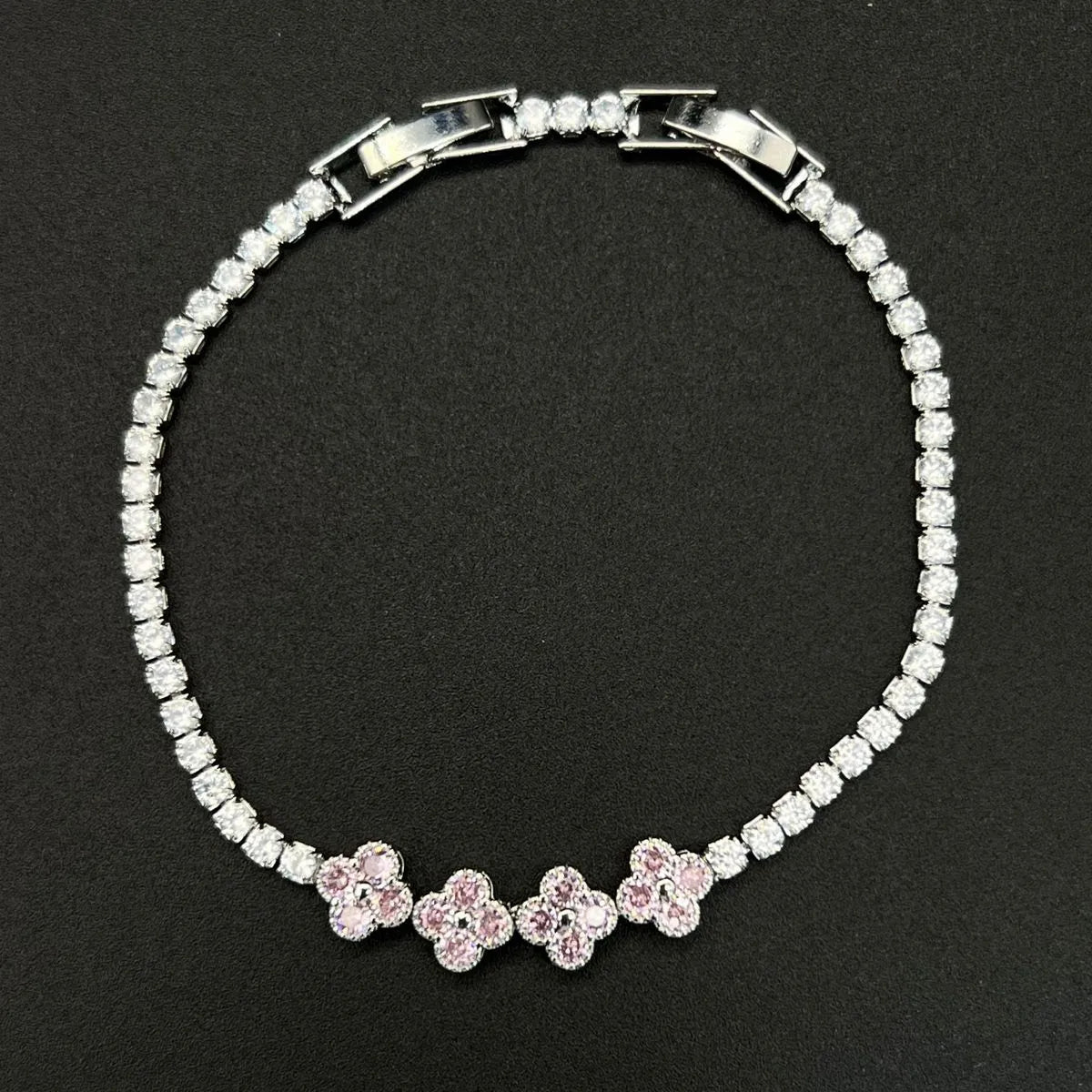 Pink 4 Flower White Gold Diamond Bracelet